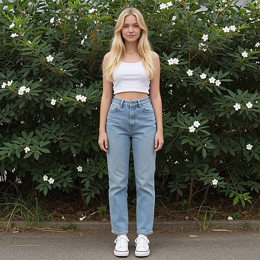 Young Woman in Casual White Crop Top and Jeans Standing by Flowering Bush