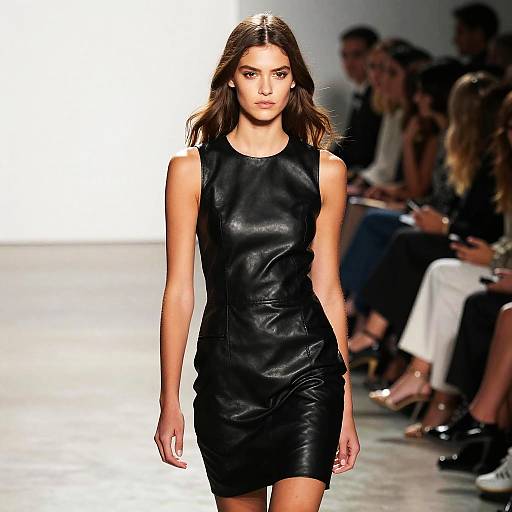 Woman in Sleek Black Leather Dress on Fashion Runway