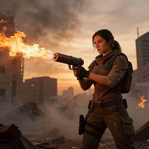 Woman in Tactical Gear Using Flamethrower on Urban Battlefield at Sunset