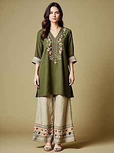 Elegant Olive Green Embroidered Tunic with Cream Palazzo Pants for Women