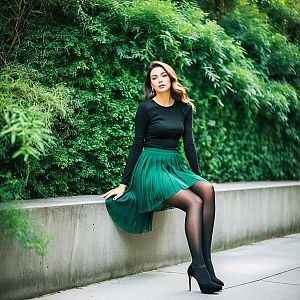 Stylish Woman on Concrete Ledge in Green Foliage