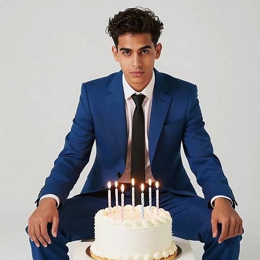 Man in Blue Suit Sitting with Birthday Cake and Lit Candles