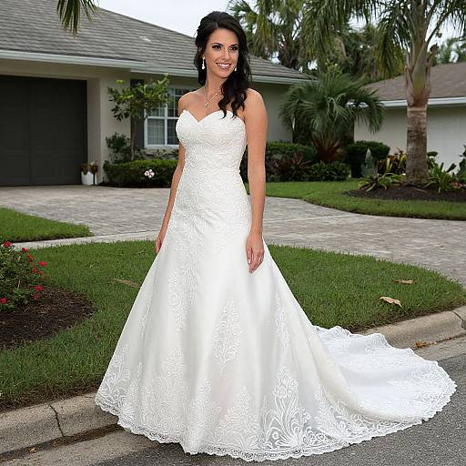 Elegant Woman in Strapless Lace Wedding Dress Outdoors