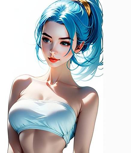 Digital Illustration of Young Woman with Blue Hair in White Tube Top
