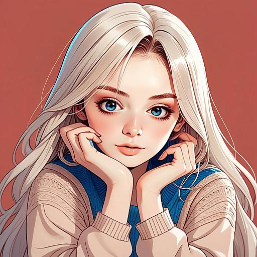 Anime Style Portrait of Blonde Woman with Blue Eyes in Cozy Sweater