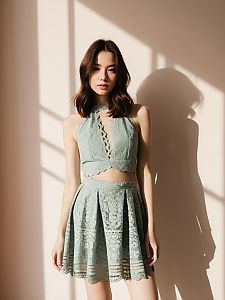 Woman in Forest Green Lace Cocktail Style Halter Dress