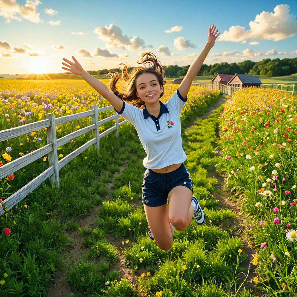 Joyful Woman Leaping in Flower Field Joyful Woman Leaping in Flower Field