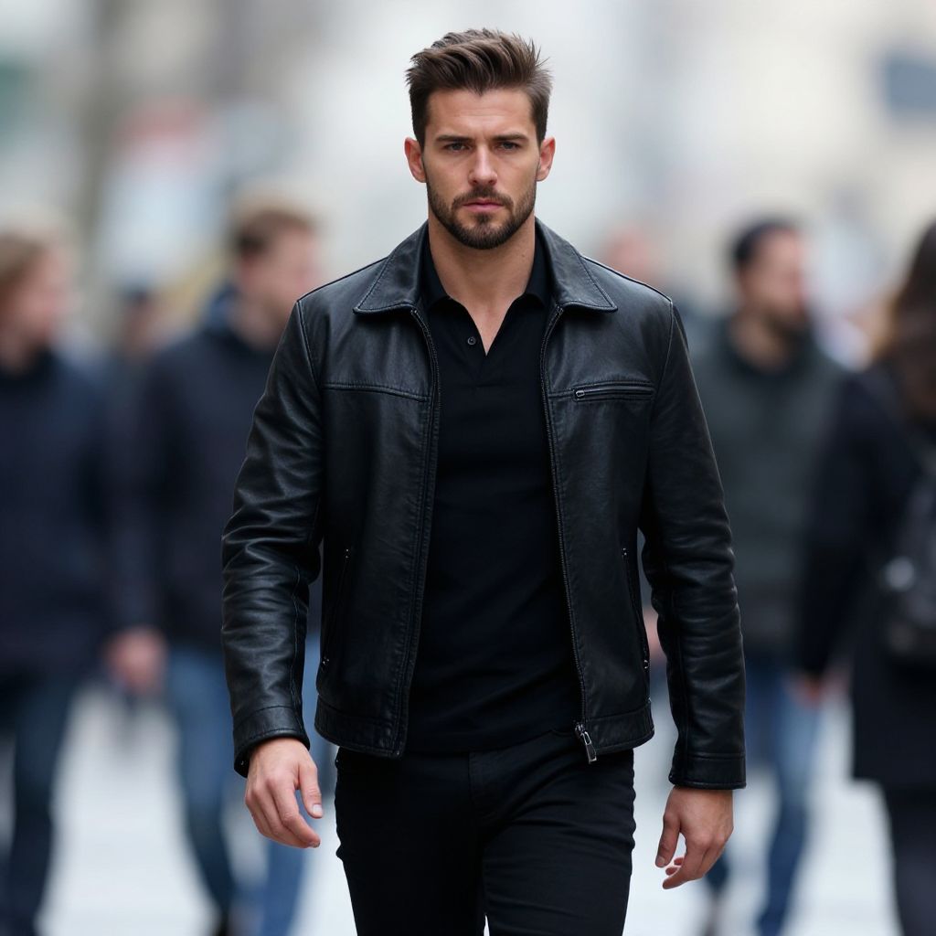 Man in Black Leather Jacket Walking on Urban Street