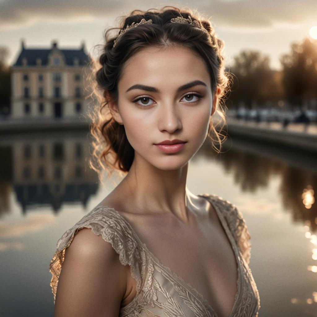 Elegant Woman in Lace Dress by Water