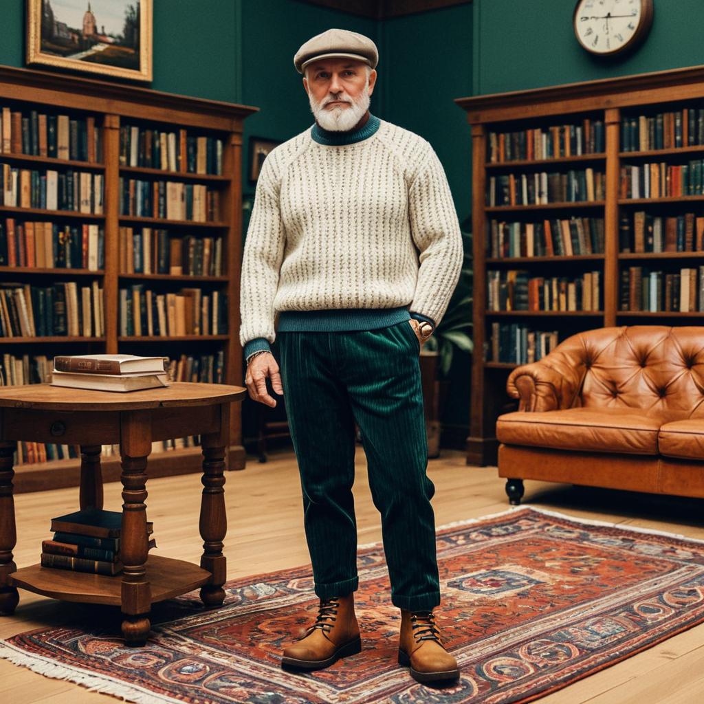 Stylish Senior Man in Vintage Library with Sweater and Cap