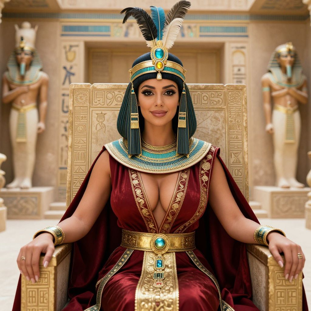 Ancient Egyptian Queen Woman in Regal Attire Sitting on Throne