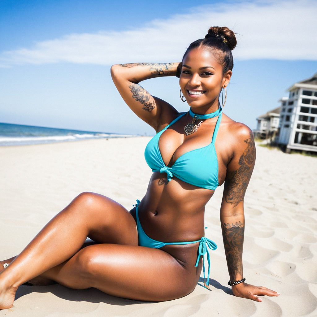 Confident Woman in Turquoise Bikini on Sunny Beach Confident Woman in Turquoise Bikini on Sunny Beach