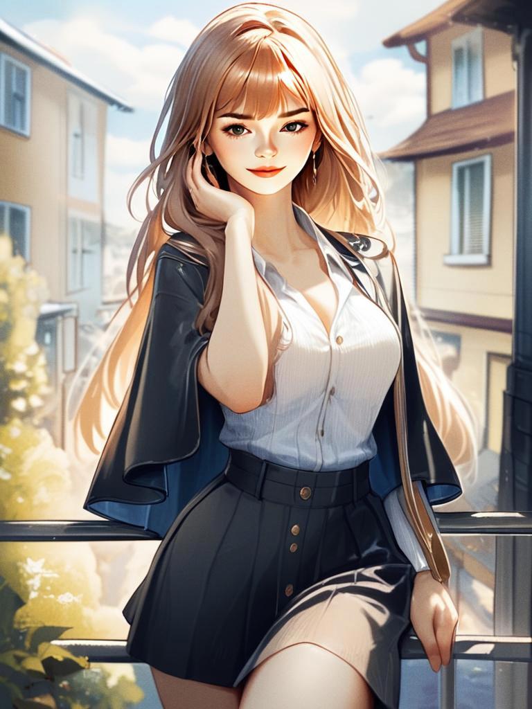 Anime Style Portrait of Blonde Woman in Urban Balcony Setting