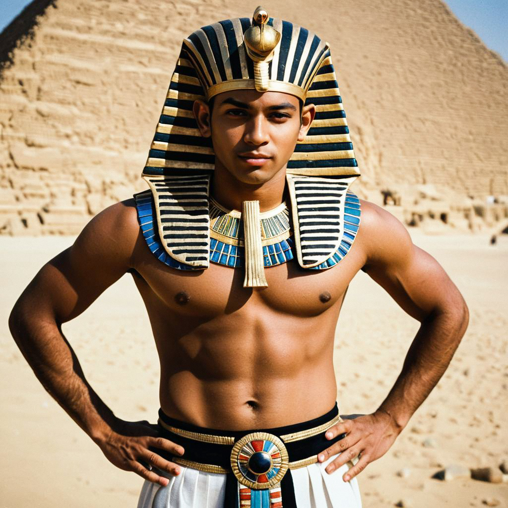 Young Man in Pharaoh Costume with Pyramids Young Man in Pharaoh Costume with Pyramids