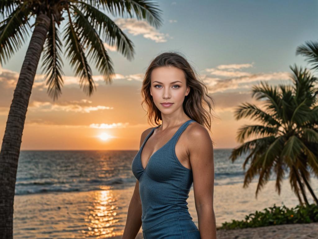 Woman in Blue Top at Beach Sunset