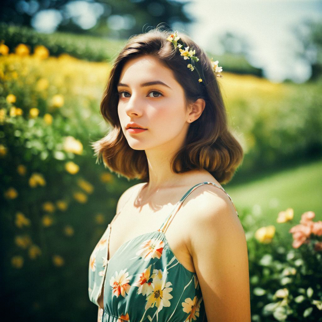 Young Woman in Floral Dress in Vibrant Garden