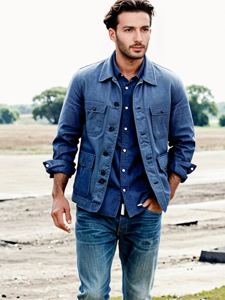 Stylish Man in Blue Jacket and Denim Shirt