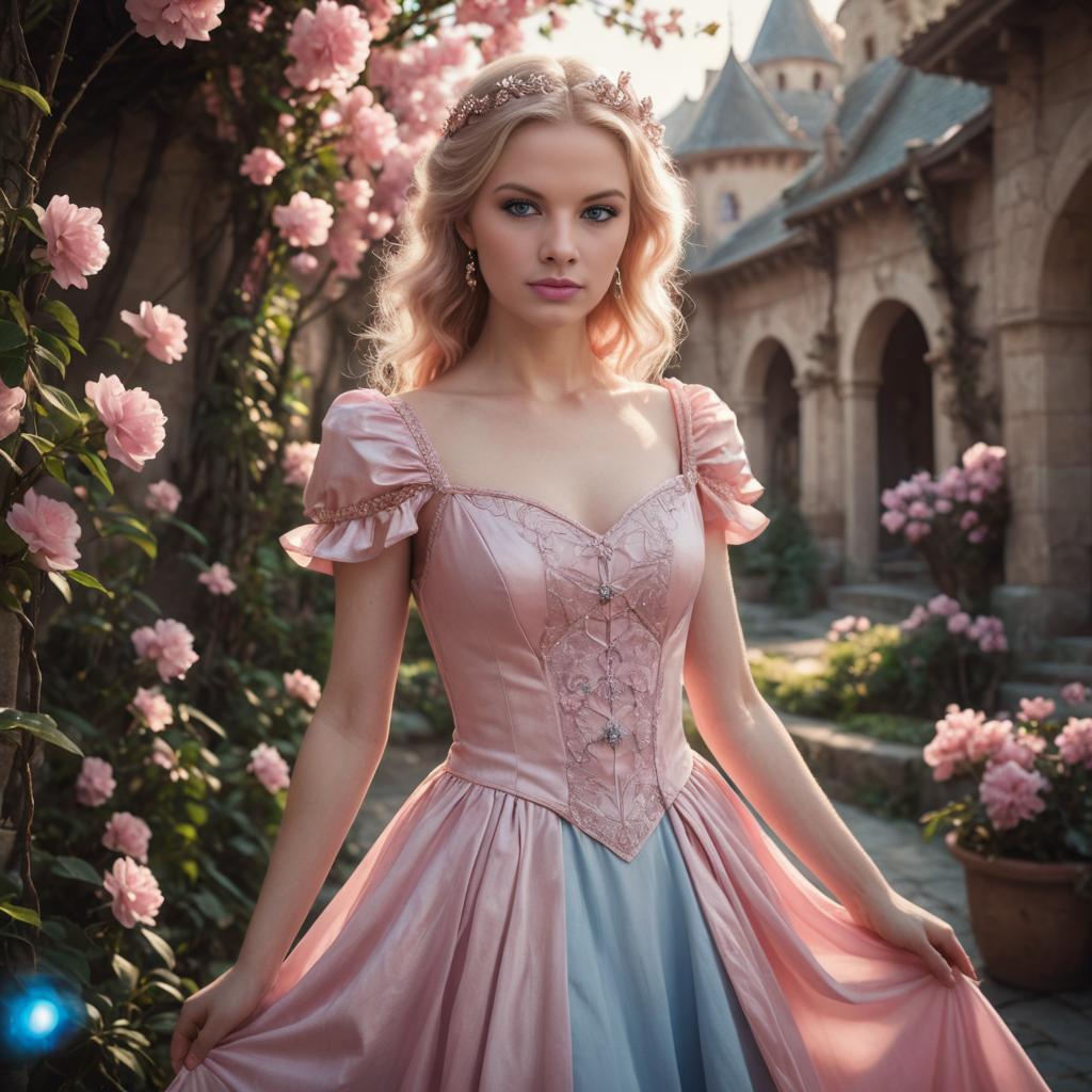 Ethereal Woman in Pink Dress in Blooming Garden