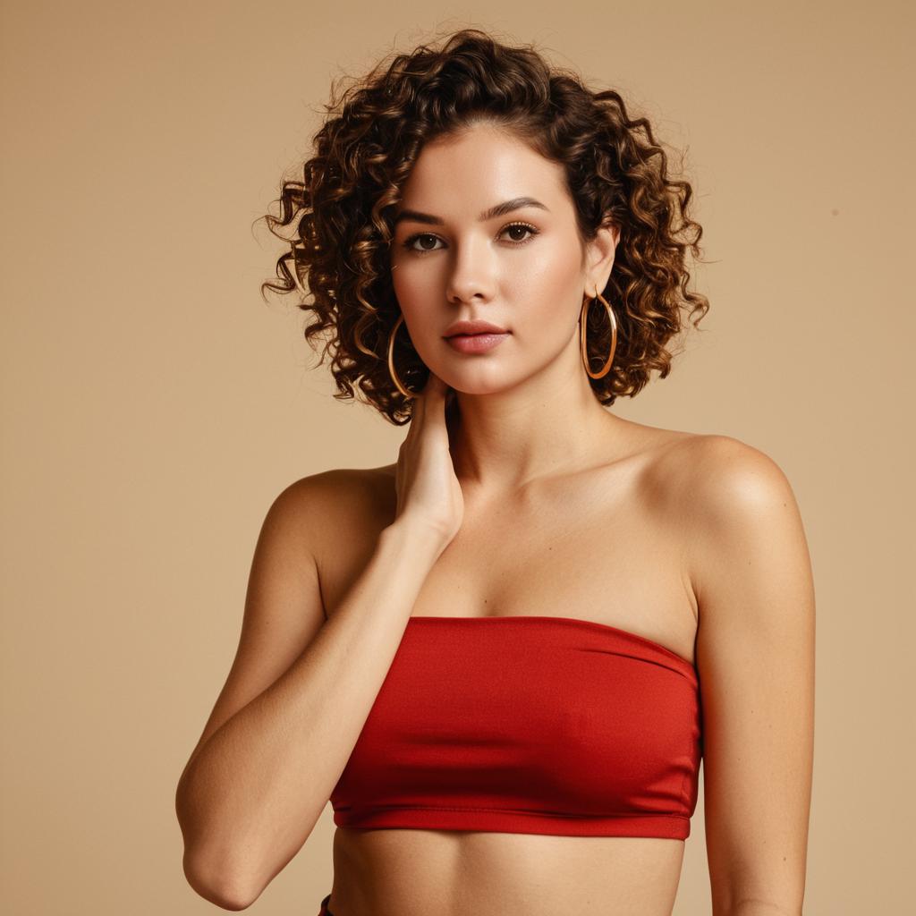 Curly Haired Woman in Red Strapless Top Minimalist Portrait