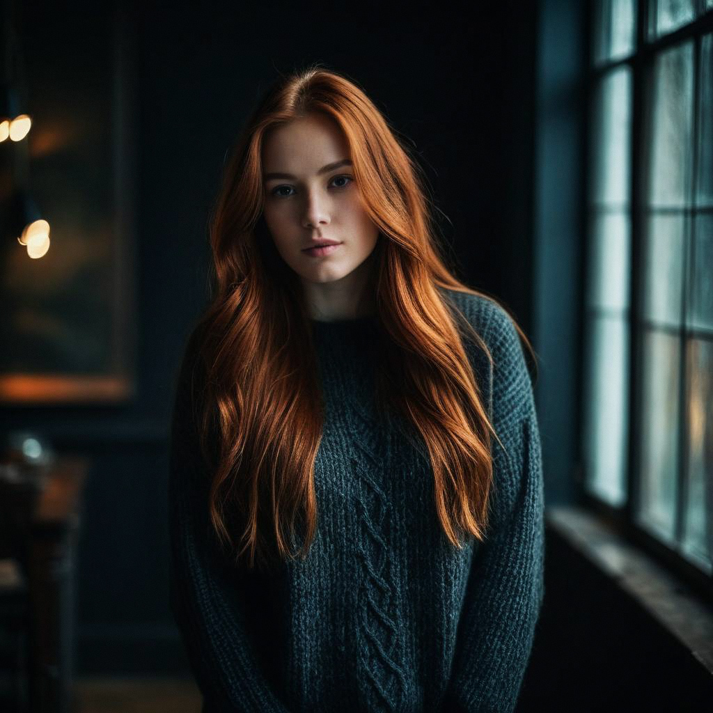 Young Woman with Red Hair in Cozy Sweater