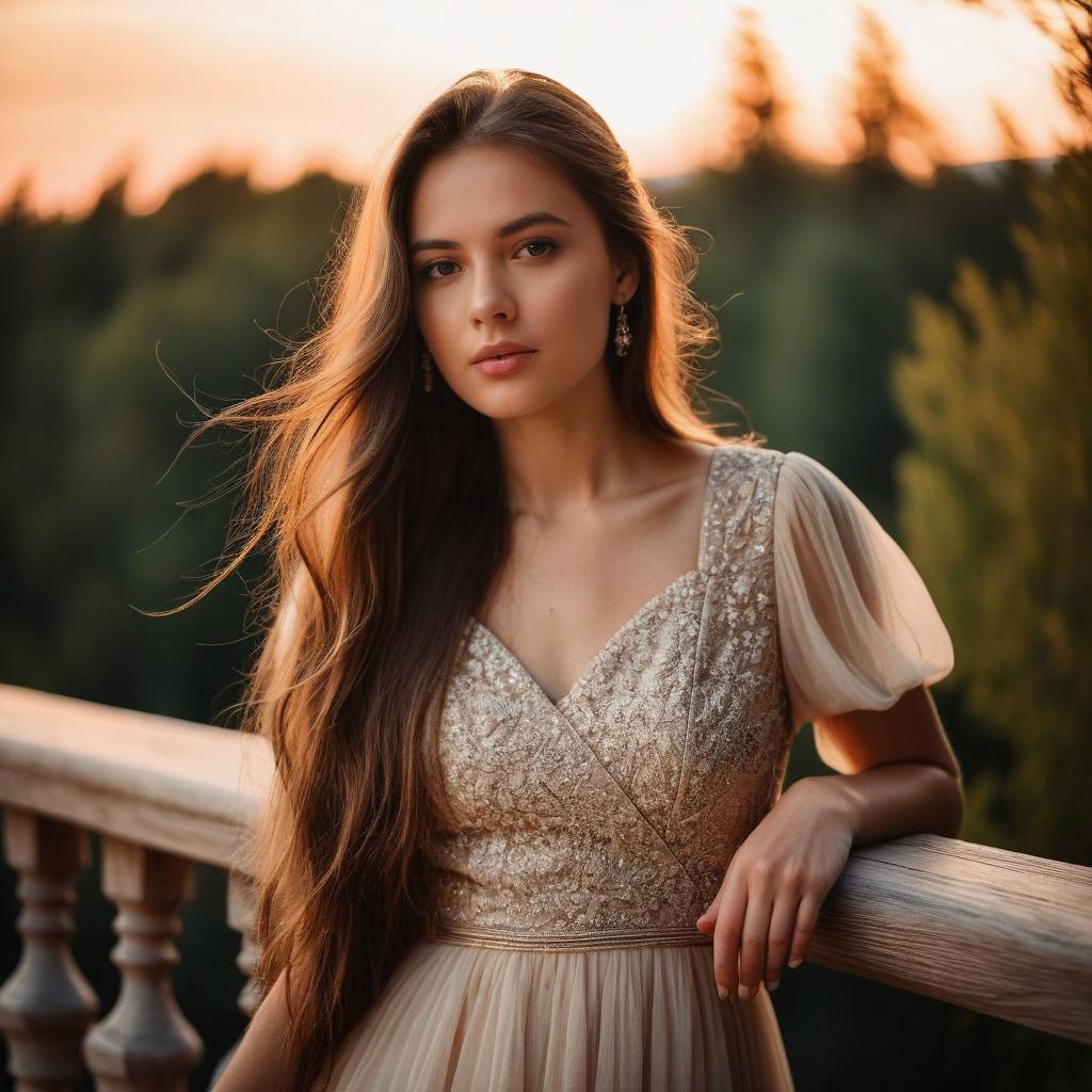 Elegant Young Woman in Embroidered Dress at Sunset by Wooden Railing