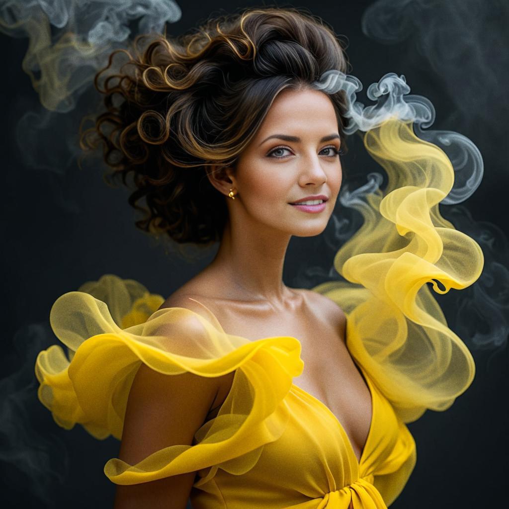 Elegant Woman in Yellow Dress with Curly Hair