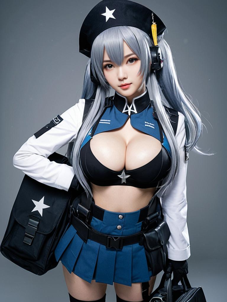 Realistic Girls Frontline Cosplay Woman in Military Uniform with Blue Skirt