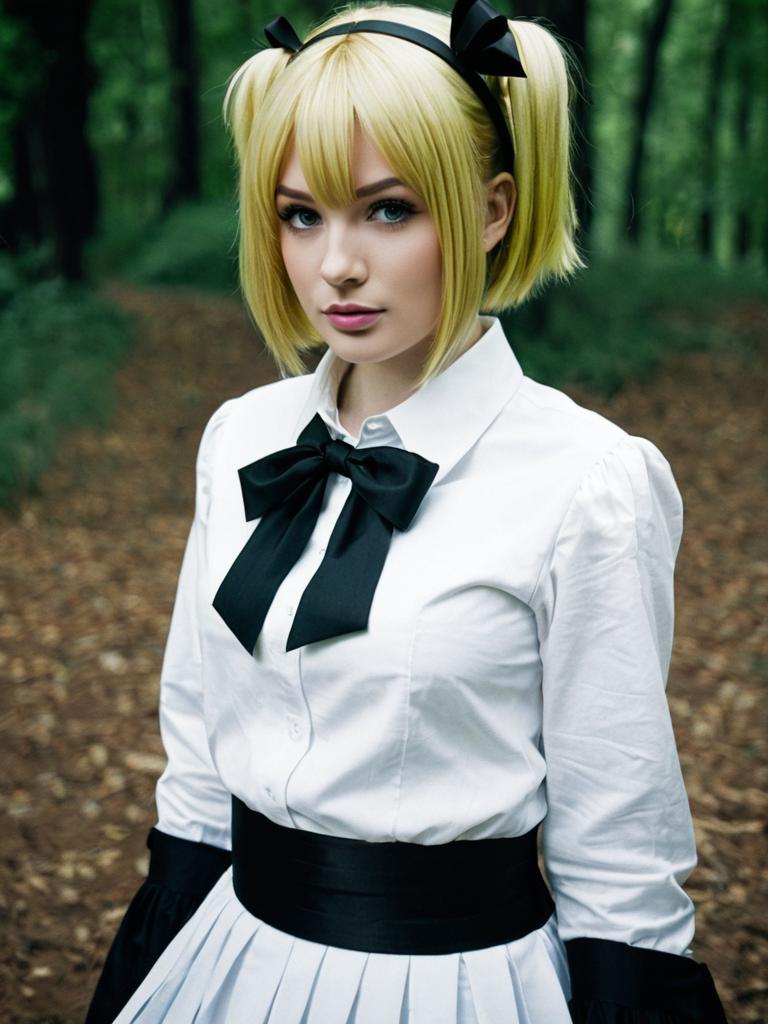 Anisphia Wynn Palettia Cosplay in White and Black Outfit Outdoors