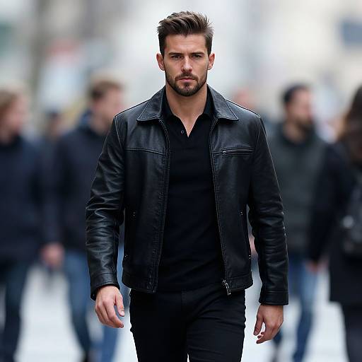Man in Black Leather Jacket Walking on Urban Street