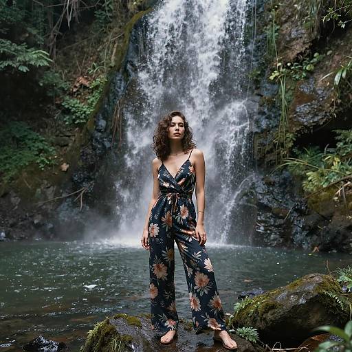 Young Woman in Floral Jumpsuit by Waterfall in Nature