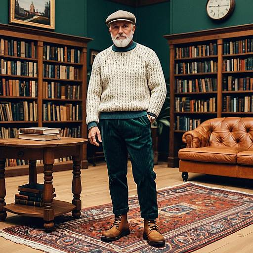 Stylish Senior Man in Vintage Library with Sweater and Cap