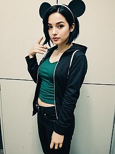 Woman Cosplay as Ashley Spinelli in Black Hoodie and Green Top