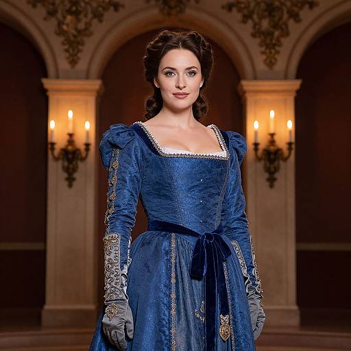 Elegant Woman in Blue Renaissance Style Gown in Ornate Hall