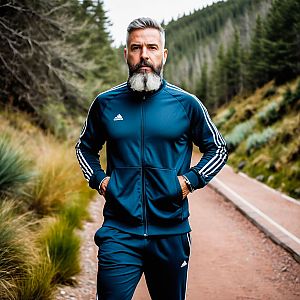 Mature Man in Navy Tracksuit on Forest Trail