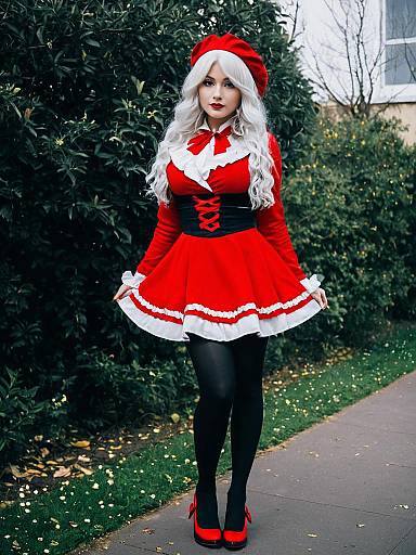 Woman in Vintage Red and White Dress with Beret Outdoors