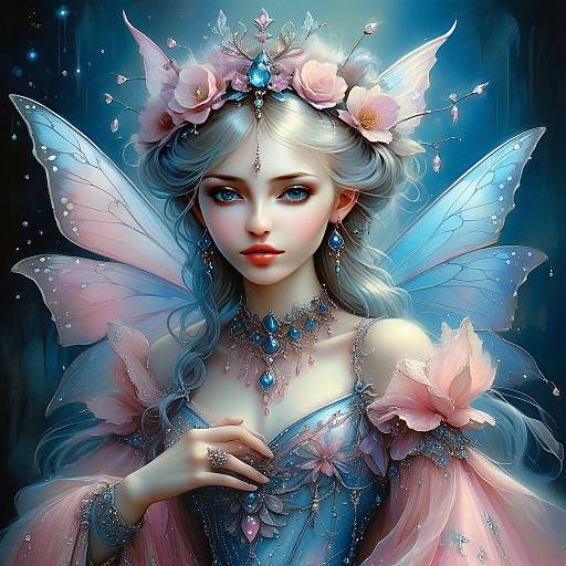 Fantasy Fairy Woman Portrait with Butterfly Wings and Floral Crown