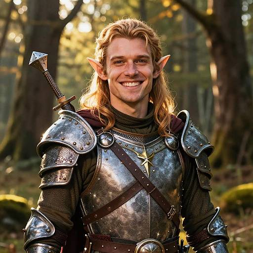Smiling Elf Warrior Man in Shining Armor in Forest