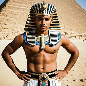 Young Man in Pharaoh Costume with Pyramids