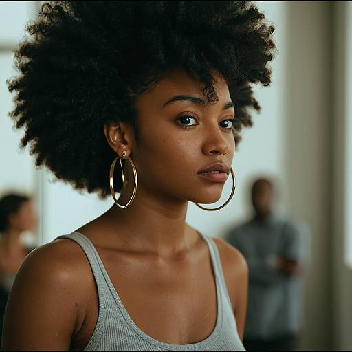 Portrait of Young Woman with Afro Hair and Gold Hoop Earrings in Casual Wear
