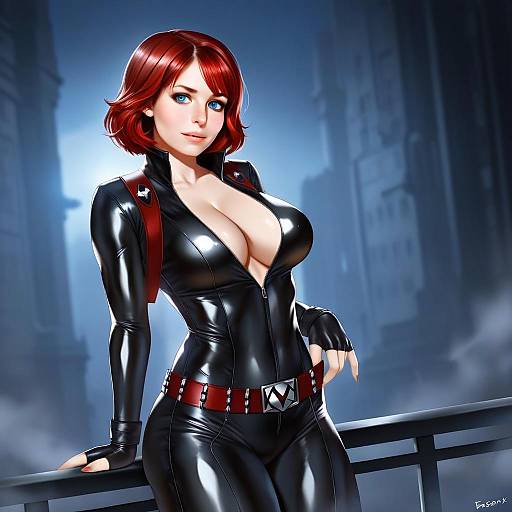 Black Widow Woman in Sleek Black Latex Suit Digital Illustration