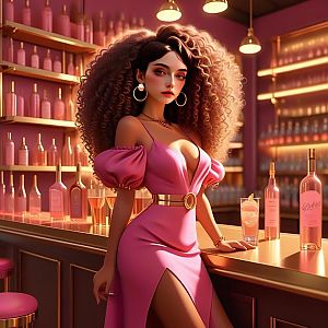Stylish Woman in Pink Dress at Elegant Bar