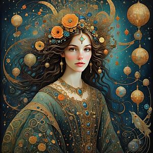 Woman in Jewelry with Floral Crown Against Cosmic Background