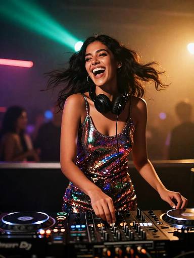 Young Woman DJ in Sequin Dress Playing Music at Nightclub Party