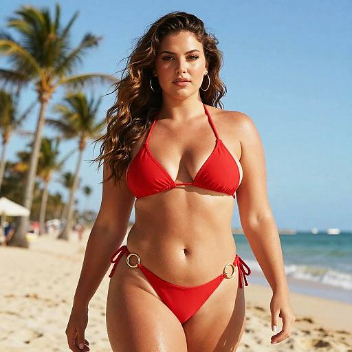 Confident Woman in Red Bikini Walking on Tropical Beach