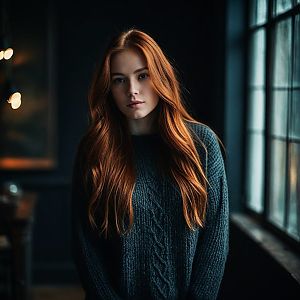 Young Woman with Red Hair in Cozy Sweater