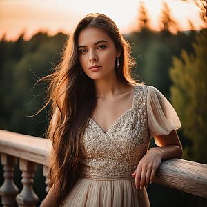 Elegant Young Woman in Embroidered Dress at Sunset by Wooden Railing
