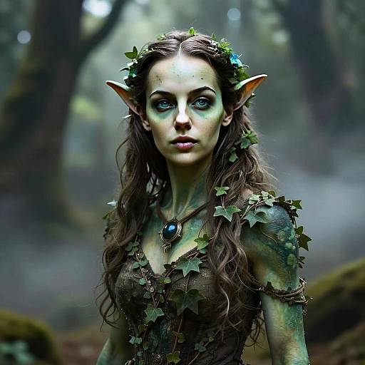Fantasy Elf Woman in Forest with Ivy and Blue Pendant