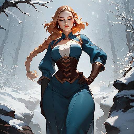 Confident Woman in Blue Outfit Standing in Snowy Forest Digital Artwork