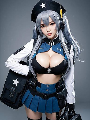 Realistic Girls Frontline Cosplay Woman in Military Uniform with Blue Skirt