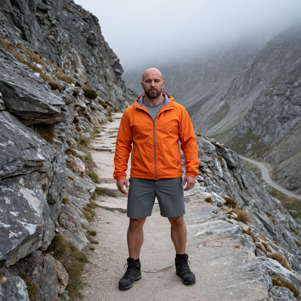 Man in Orange Jacket Hiking on Rocky Mountain Trail